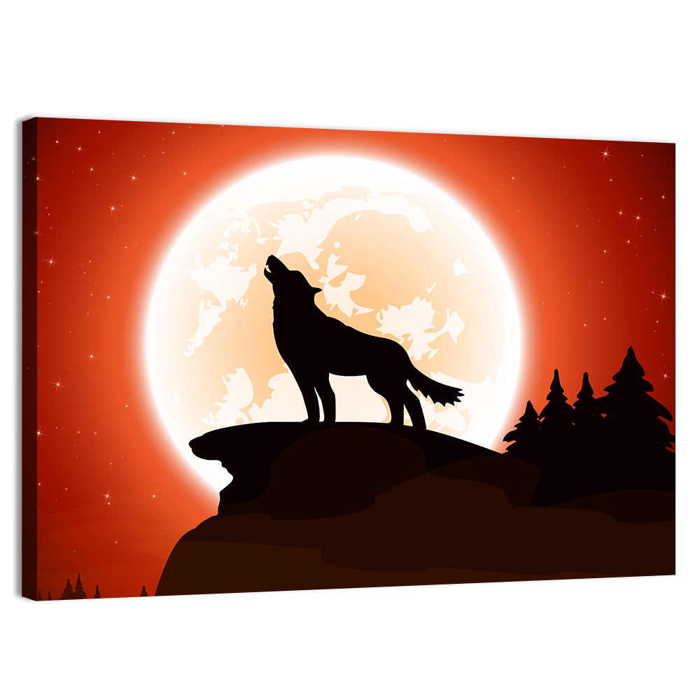 Howling Wolf Under Full Moon Wall Art, canvas print, landscape