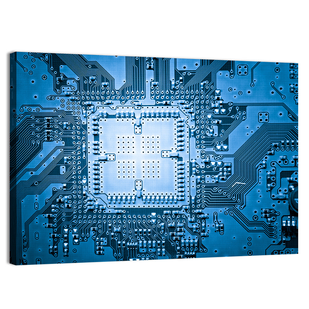 Blue Circuit Board Close-up Wall Art, canvas print, landscape