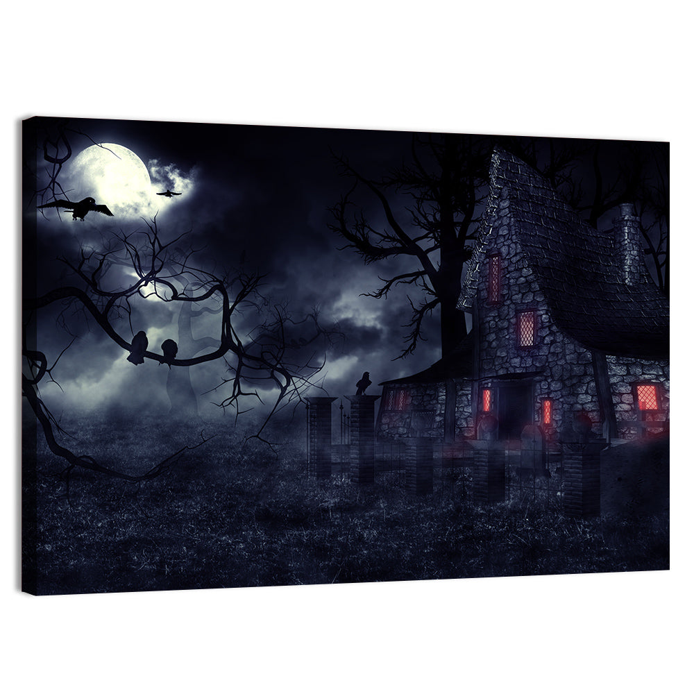 Haunted House Under Full Moon Wall Art, canvas print, landscape