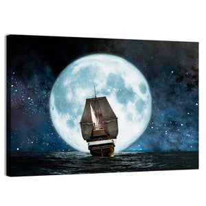 Sea Boat Under Moon Wall Art