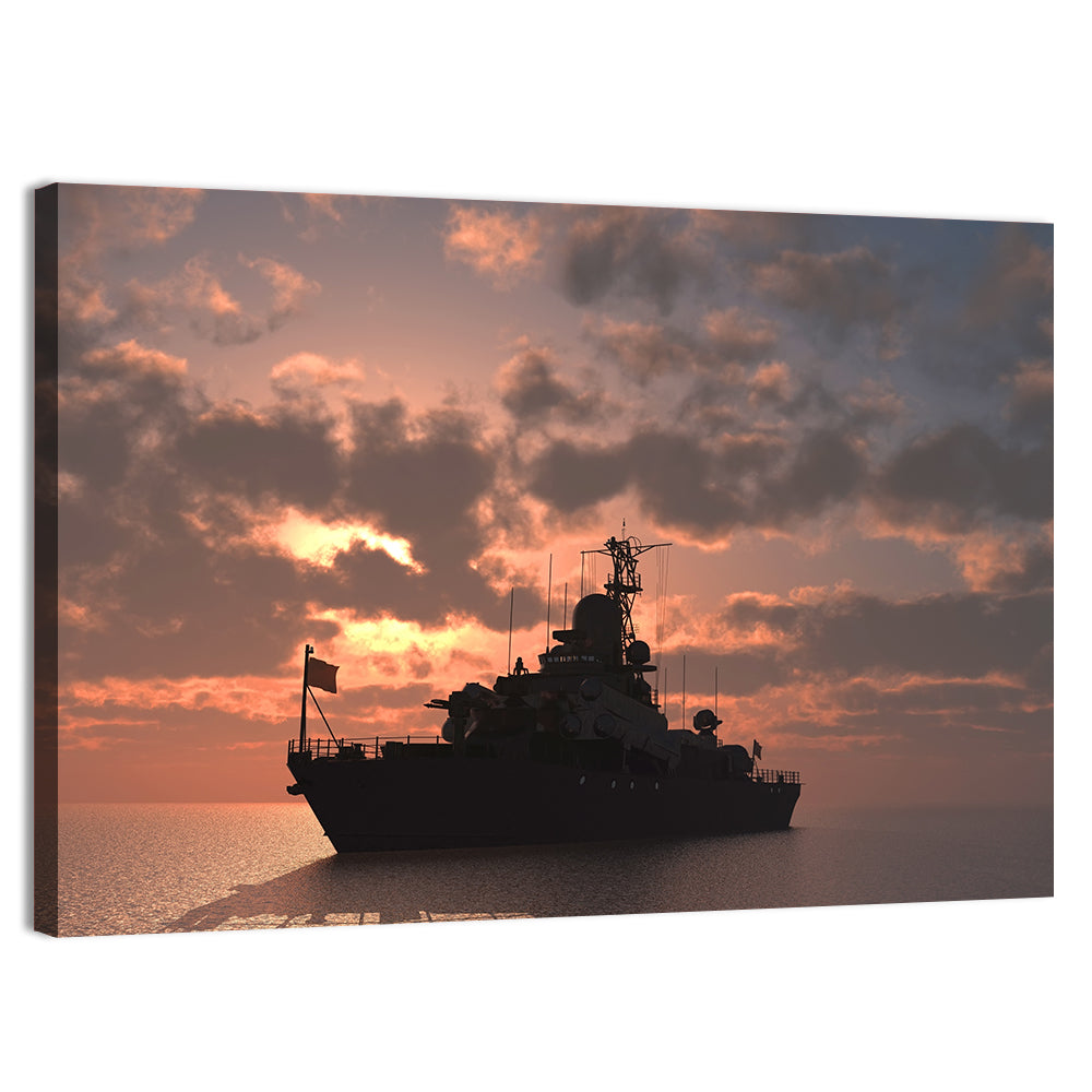 Warship Silhouette at Sunset Wall Art, canvas print, landscape