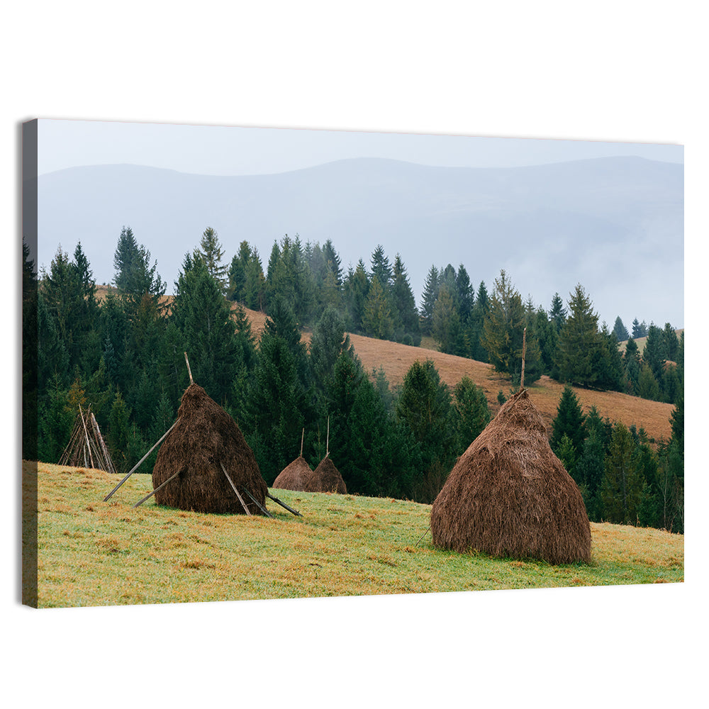 Haystacks in Mountain Village Wall Art
