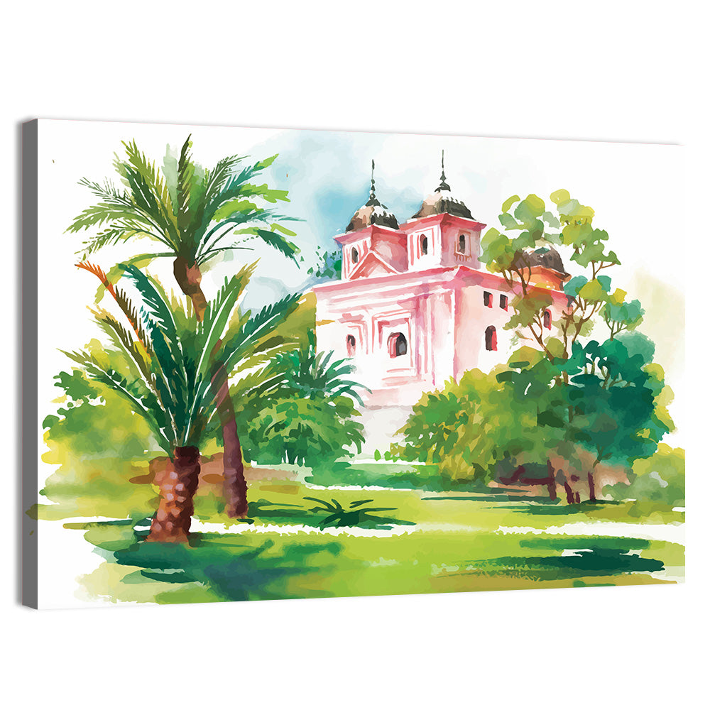 Pink House in Garden Illustration Wall Art, canvas print, landscape