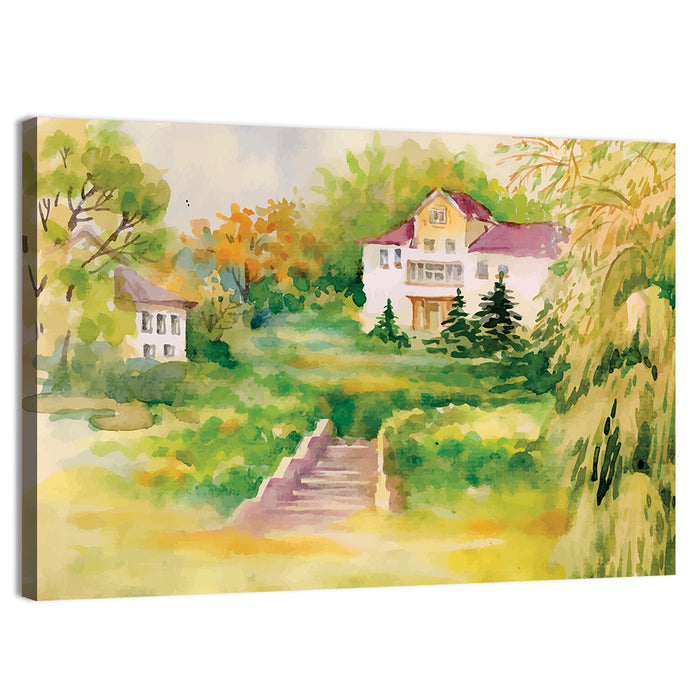 Hilltop House in Garden Illustration Wall Art as a canvas print