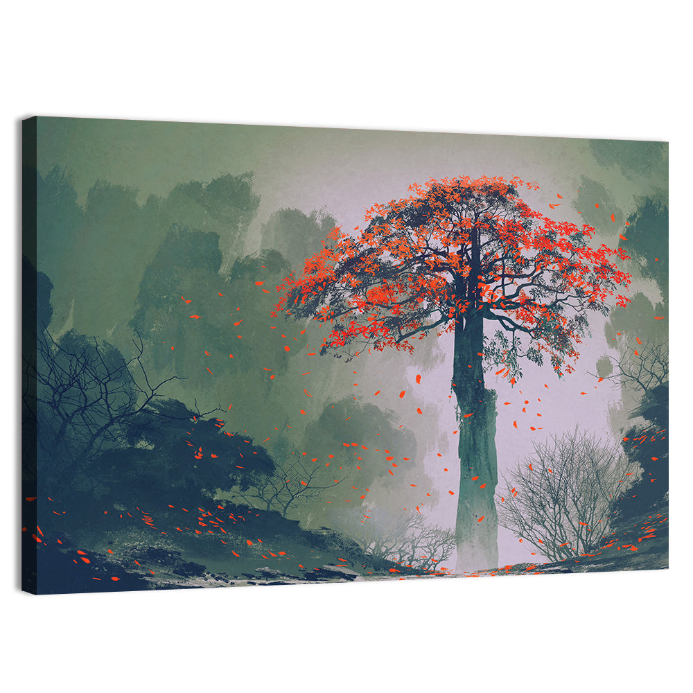 Misty Red Autumn Tree Wall Art, canvas print, landscape