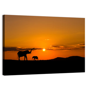 Elephants In Savannah At Sunset Wall Art