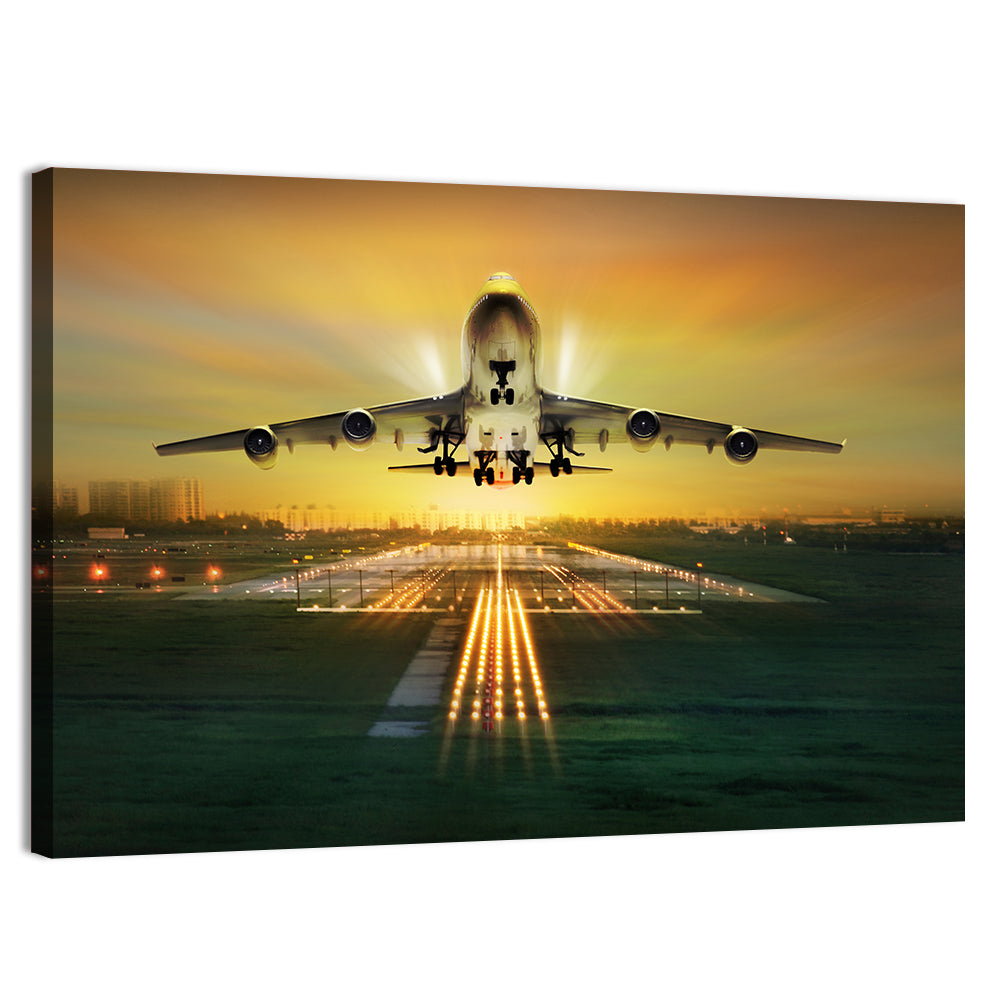 Passenger Plane Over Runway at Dusk Wall Art, canvas print, landscape