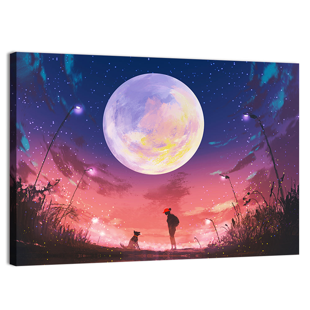 Woman and Dog Beneath Oversized Moon Wall Art, canvas print, landscape