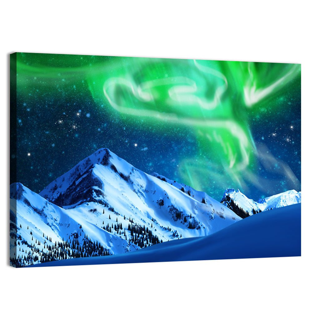 Glowing Aurora Over Snow Capped Mountains Wall Art