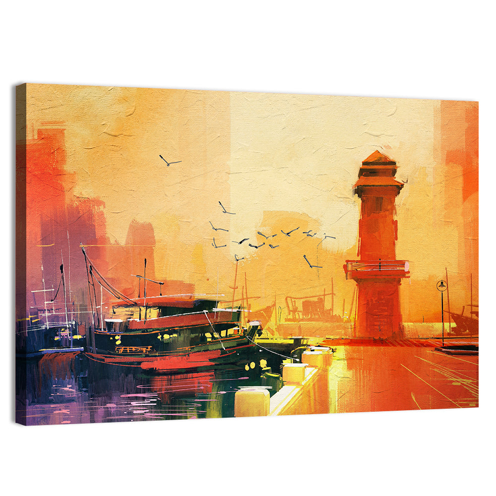 Golden Harbor Lighthouse and Fishing Boat Wall Art, canvas print, landscape