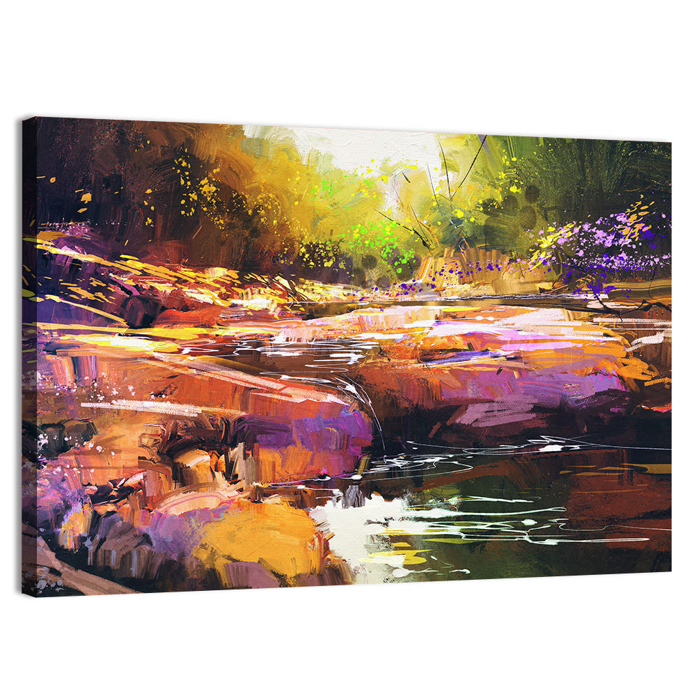 Autumn Stream with Textured Rocks Wall Art