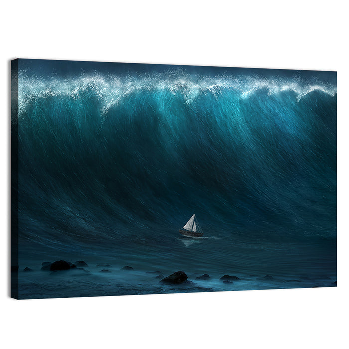 Sailboat Against Giant Wave Wall Art as a canvas print