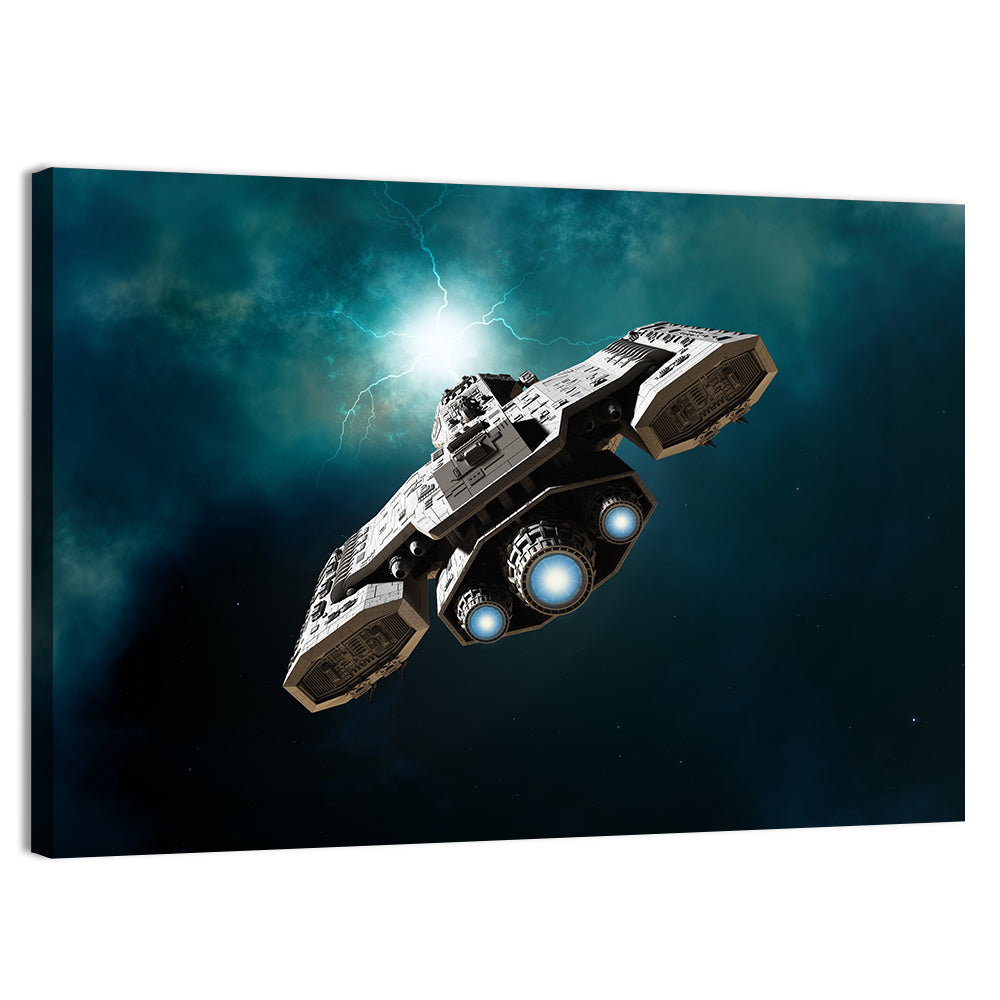 Low Angle Starship with Blue Thrusters Wall Art