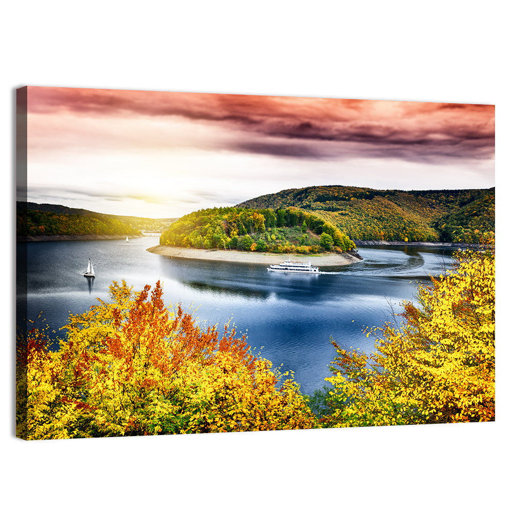 Autumn Sunset Over Lake with Boat Wall Art