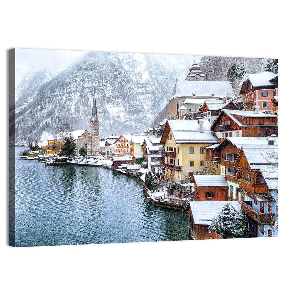 Hallstatt Winter Lakefront Wall Art, canvas print, landscape