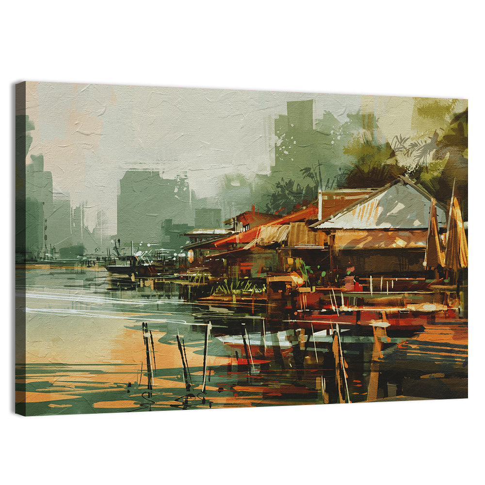 Old Fishing Village Watercolor Wall Art, canvas print, landscape