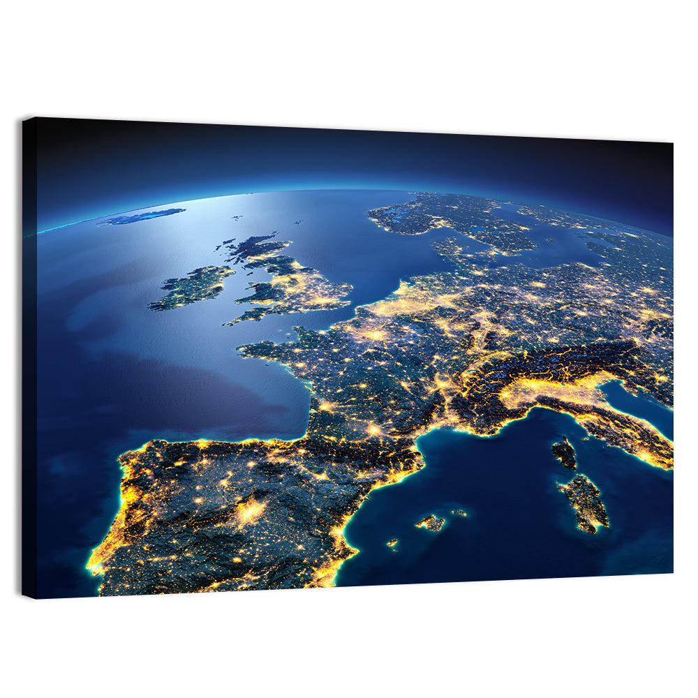 Night View of Earth Over Europe Wall Art, canvas print, landscape
