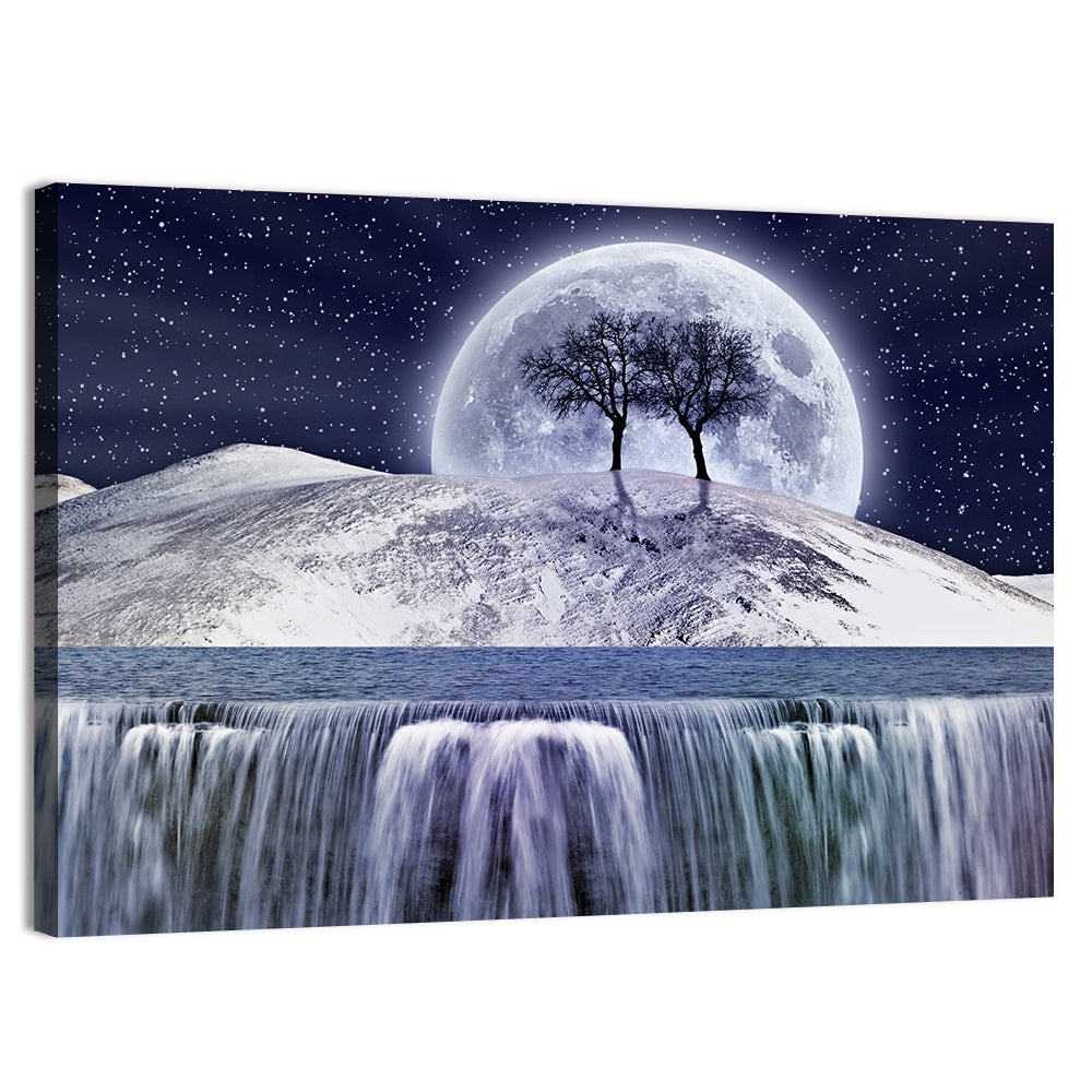 Moonlit Snowy Mountain Waterfall Wall Art