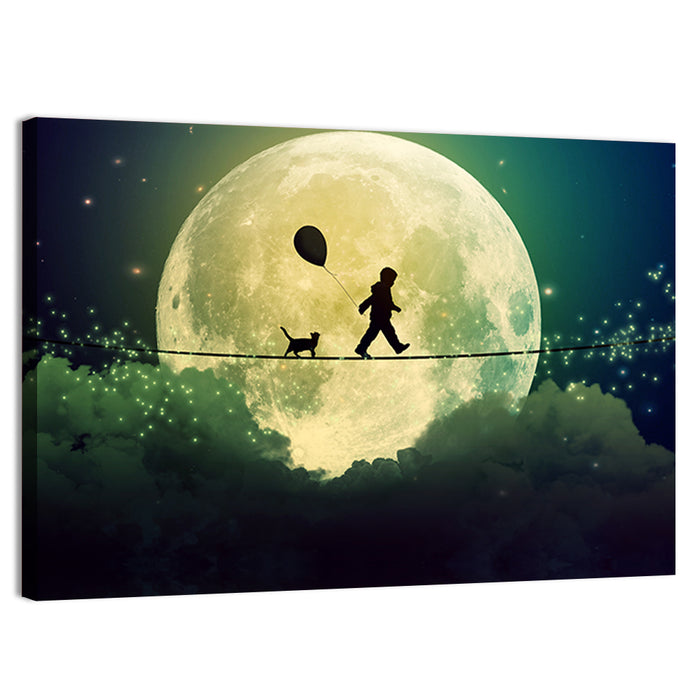 Happy Boy and Cat Under Moonlight Wall Art as a canvas print