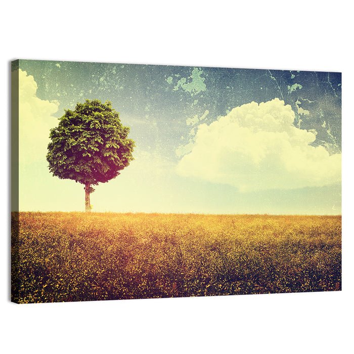 Vintage Field with Lone Tree Wall Art as a canvas print