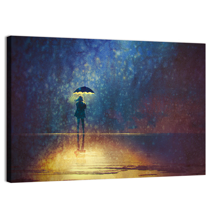 Woman Under Glowing Umbrella Wall Art as a canvas print