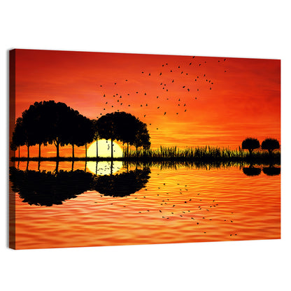 Trees Sunset On Lake Bank Wall Art