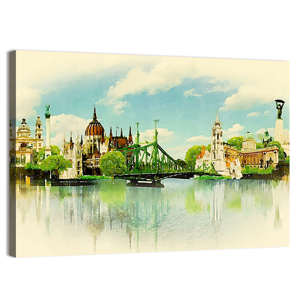 Budapest Riverfront Watercolor Wall Art, canvas print, landscape