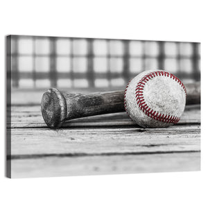 Baseball & Bat On Wood Surface Wall Art