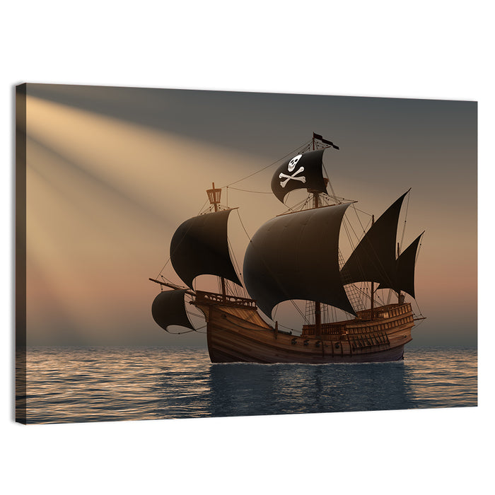 Pirate Ship at Sunset Wall Art as a canvas print