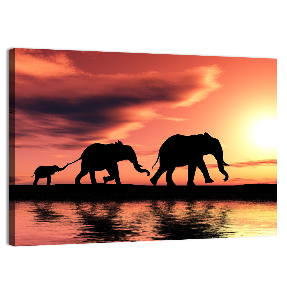 Marching Elephants at Sunset Wall Art