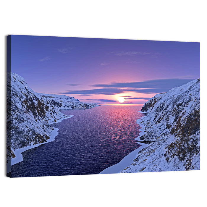 Snow-capped Mountain Fjord Sunset Wall Art as a canvas print