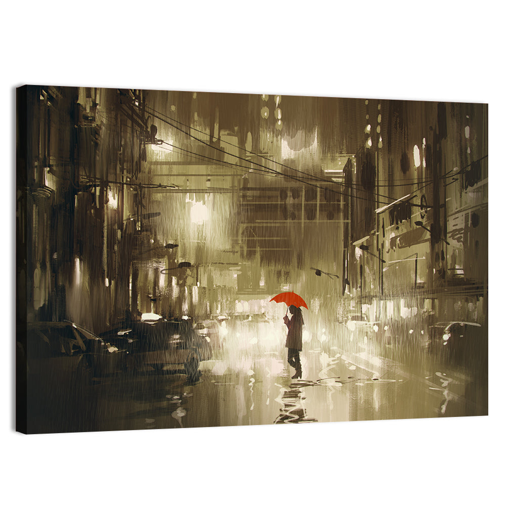 Red Umbrella on Rainy City Street Wall Art, canvas print, landscape