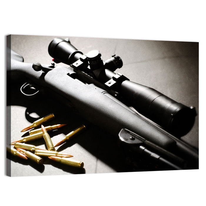 Bolt-action Sniper Rifle with Brass Cartridges Wall Art as a canvas print