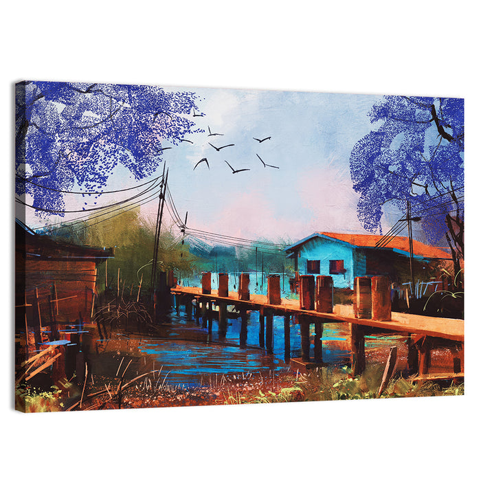 Rustic Fishing Village Pier Wall Art as a canvas print