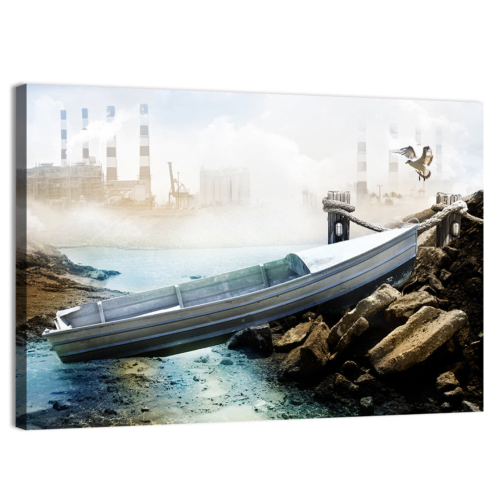 Aluminum Boat on Dry Lake Bed Wall Art, canvas print, landscape