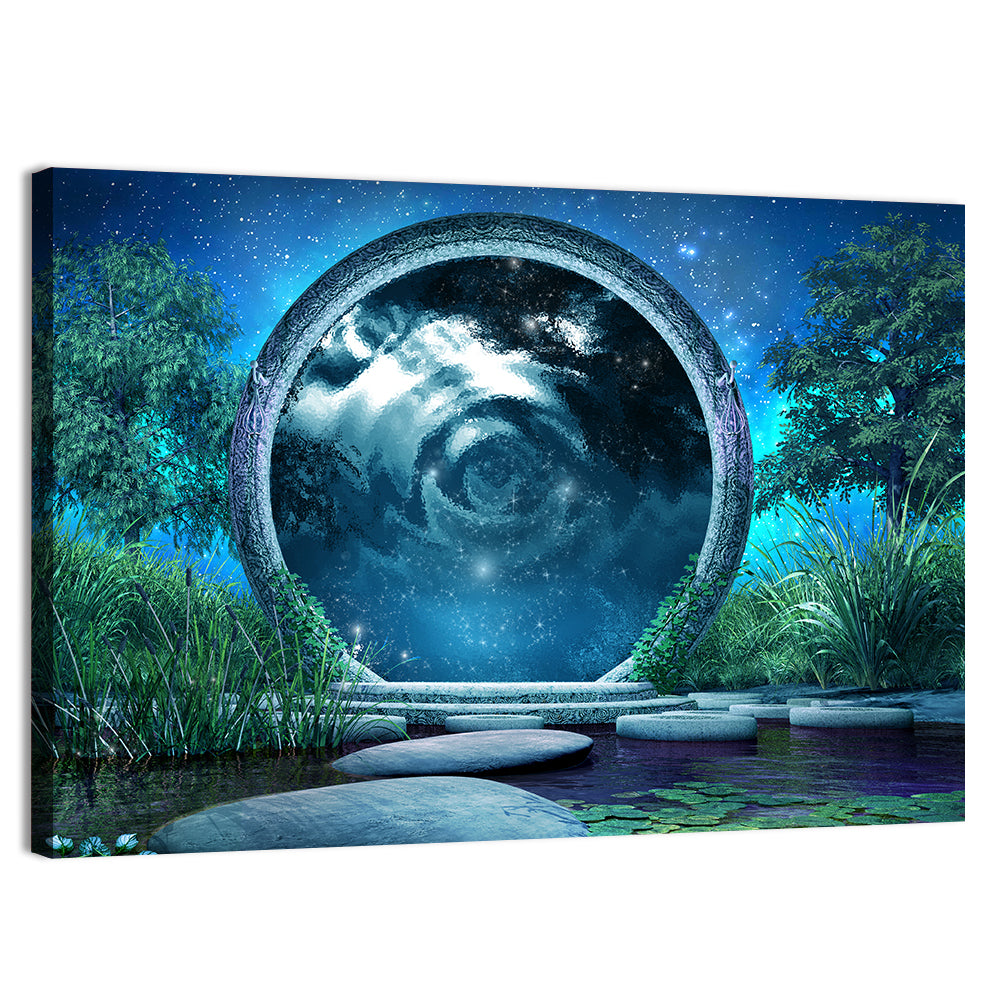 Stone Portal on Moonlit Lake Wall Art, canvas print, landscape