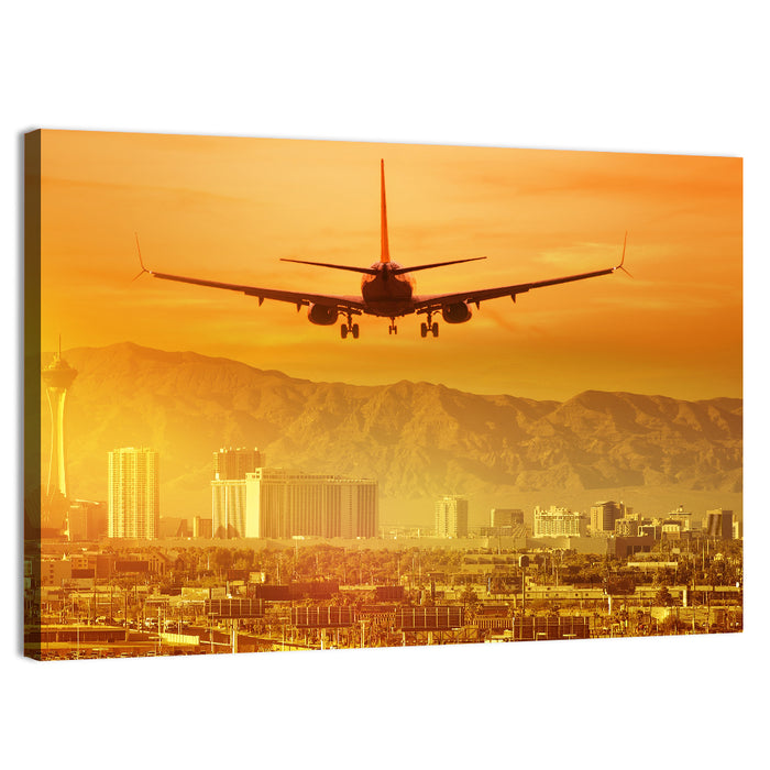 Las Vegas Sunset Plane Landing Wall Art as a canvas print