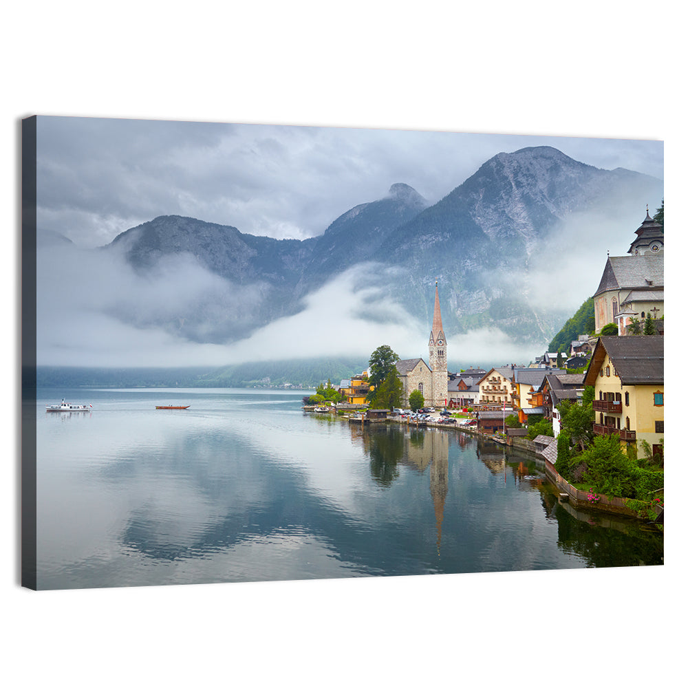 Hallstatt Lakeside Village Reflection Wall Art, canvas print, landscape