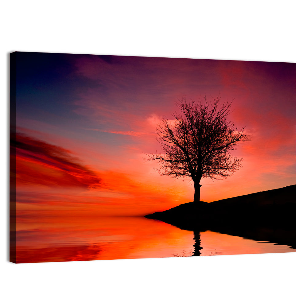 Leafless Tree Reflected on Lake Wall Art, canvas print, landscape