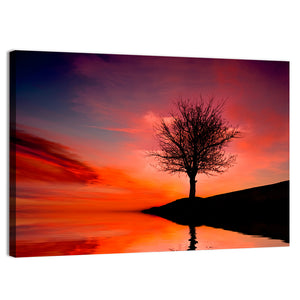 Leafless Tree Near Lake Sunset Wall Art