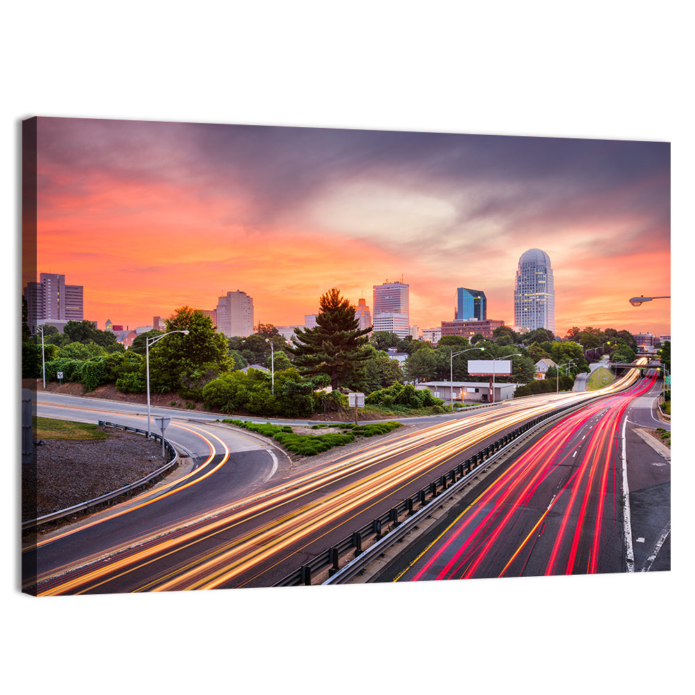 Winston-salem Dusk Skyline with Light Trails Wall Art, canvas print, landscape