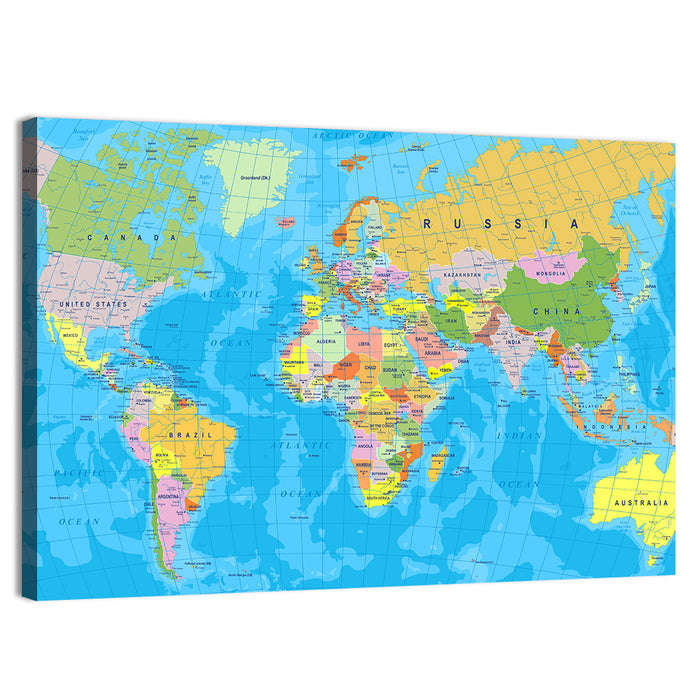 Colorful Mercator World Map Wall Art as a canvas print