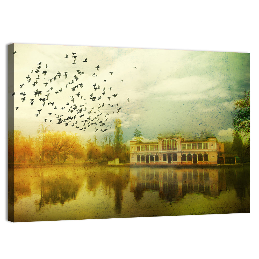 Birds Flying Towards An Old Mansion Wall Art