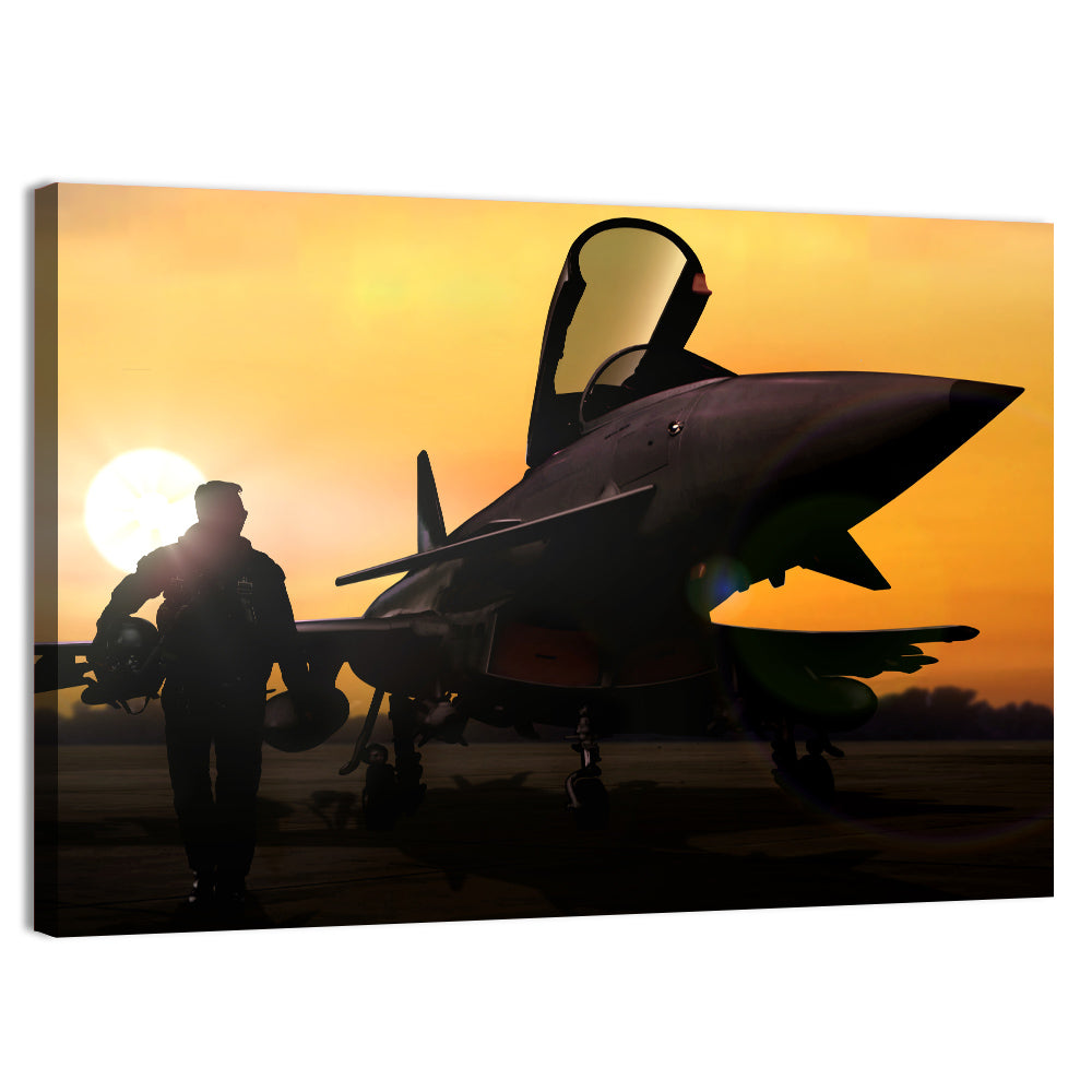 Pilot and Fighter Jet at Sunset Wall Art, canvas print, landscape