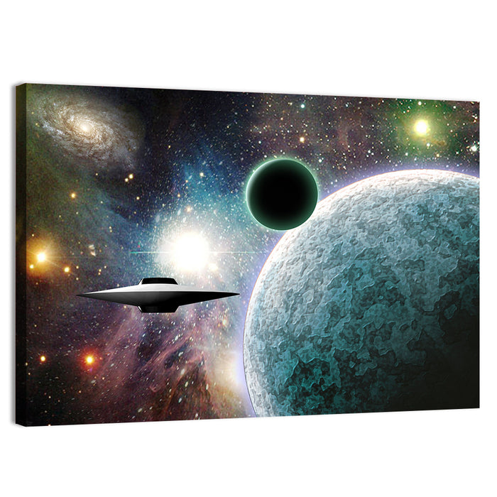 Saucer Near Cratered Planet Wall Art as a canvas print