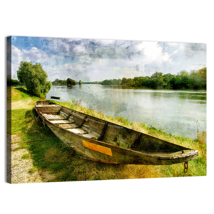 Weathered Wooden Boat on Riverbank Wall Art as a canvas print