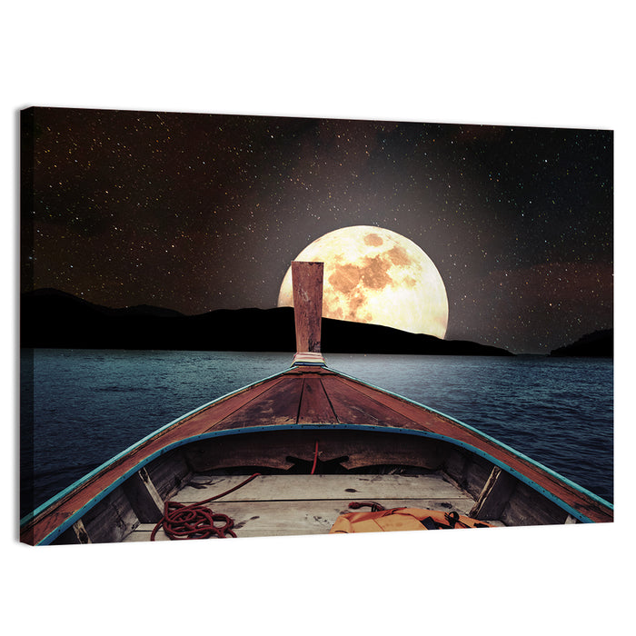 Longtail Boat Under Full Moon Wall Art as a canvas print