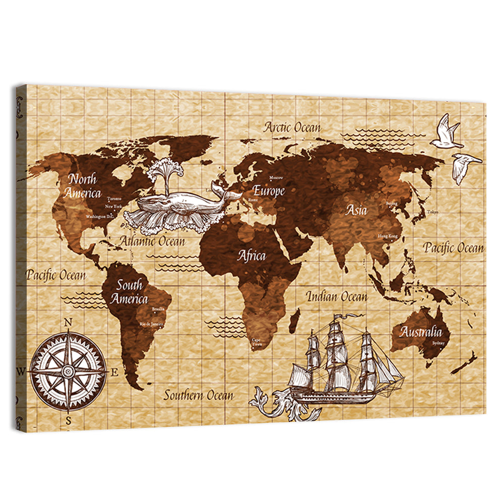 Vintage Nautical World Map Wall Art