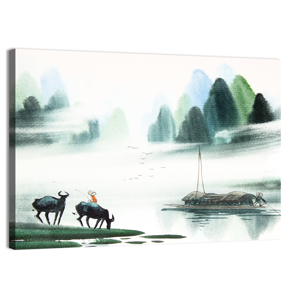 Water Buffalo in Misty Watercolor Wall Art, canvas print, landscape