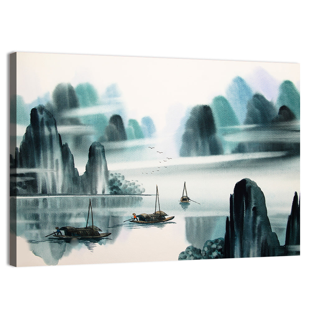 Misty Mountain Lake with Boats Wall Art